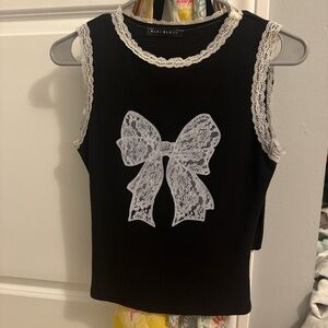 Blue Blush Black Top with White Lace Trim